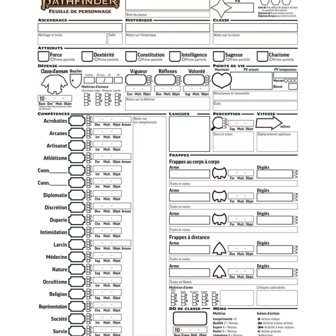 Pathfinder 2 : Fiches de Personnages