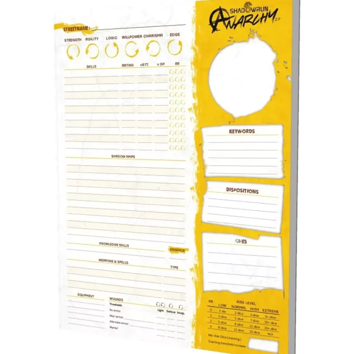 Shadowrun Anarchy 2.0 : Bloc de Feuilles de Personnages